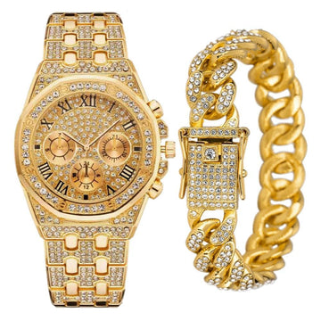 NEW Luxury Top Brand  2pcs Gold Colour Cuban Chain Male Bling Iced Out Wristwatch Bracelet for Men - The Jewellery Supermarket